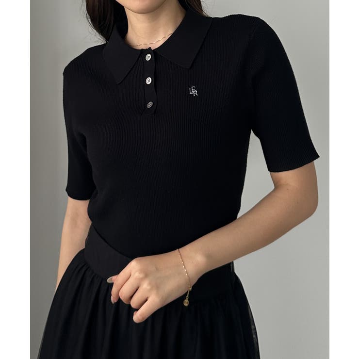 Bブラック | Louere ロゴ刺繍半袖リブニットポロ | Louere