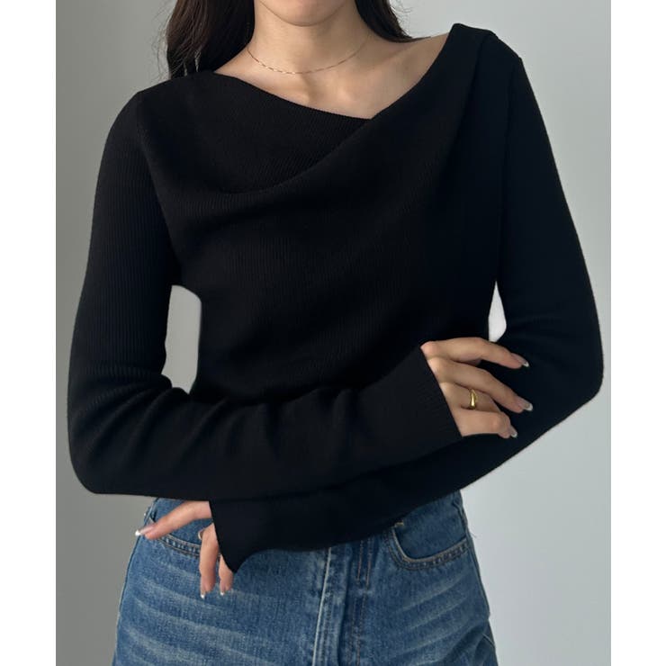 ブラック | Louere 薄手ドレープリブニットトップス | Louere