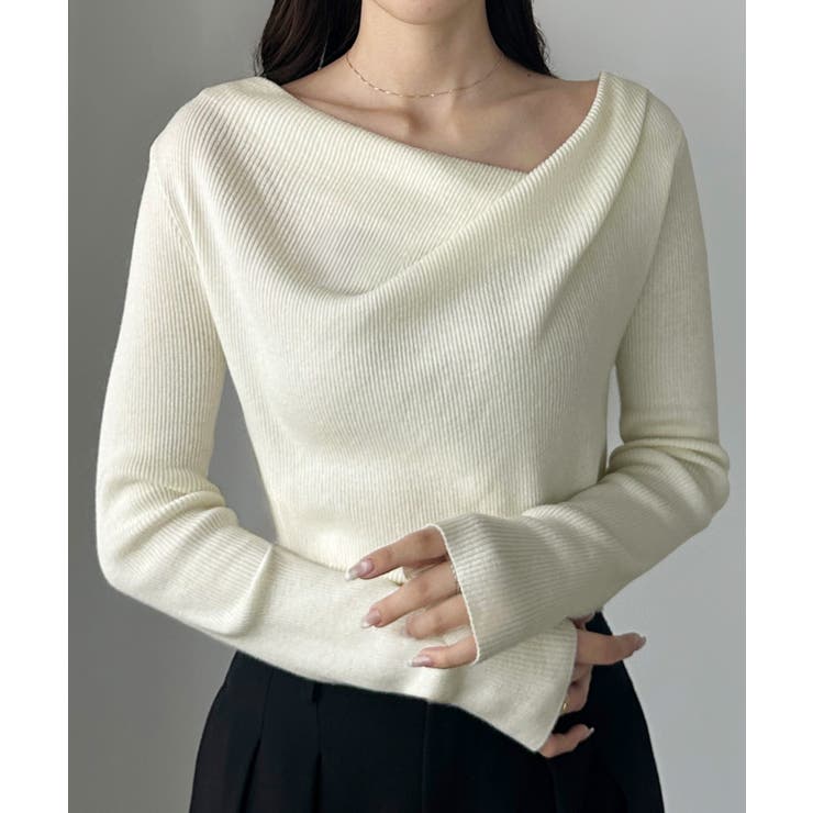 アイボリー | Louere 薄手ドレープリブニットトップス | Louere