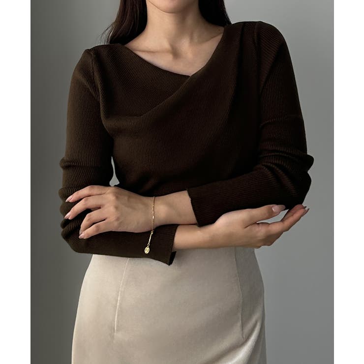 ブラウン | Louere 薄手ドレープリブニットトップス | Louere