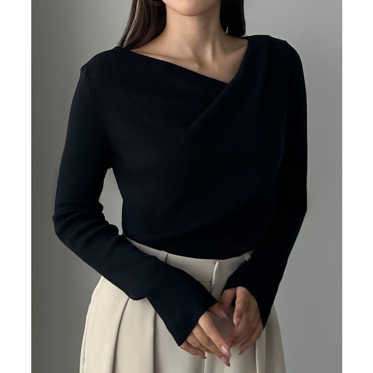 ネイビー | Louere 薄手ドレープリブニットトップス | Louere