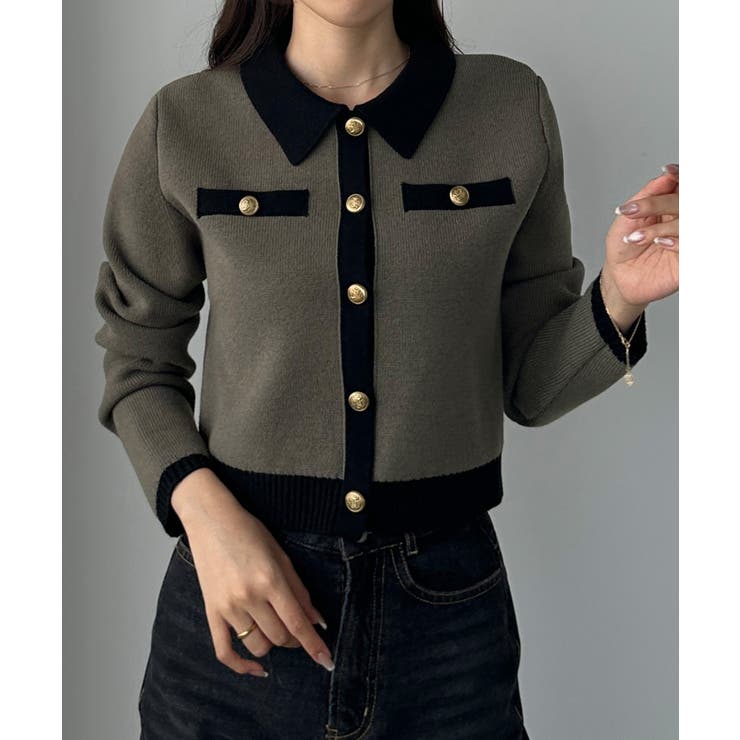 チャコール | Louere バイカラー襟付きニットカーディガン | Louere