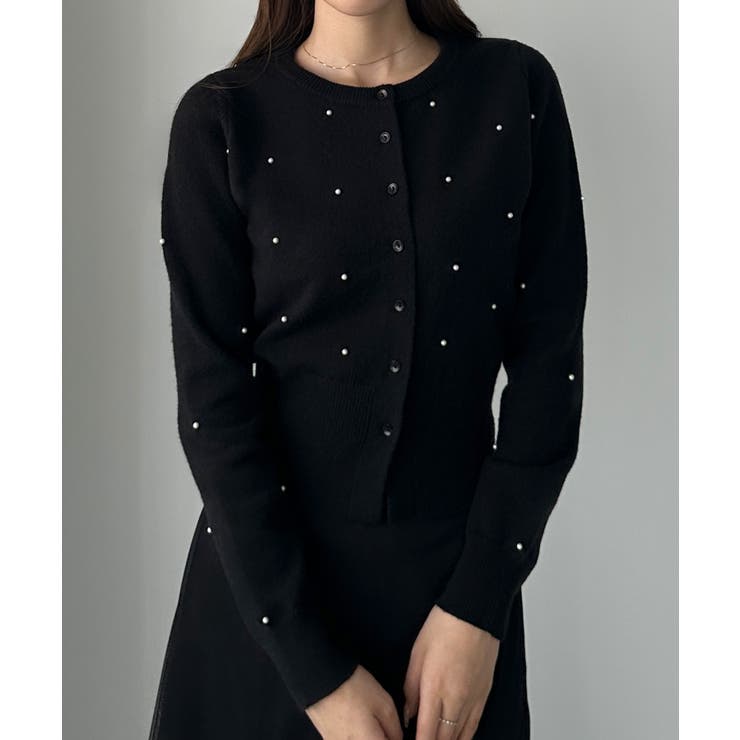 ブラック | Louere ランダムパールウエストシェイプニットカーディガン | Louere
