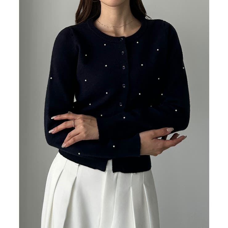 ダークネイビー | Louere ランダムパールウエストシェイプニットカーディガン | Louere