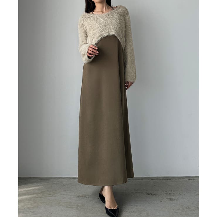 Louere シャギーショートニット＋セミフレアキャミワンピースSET[品番