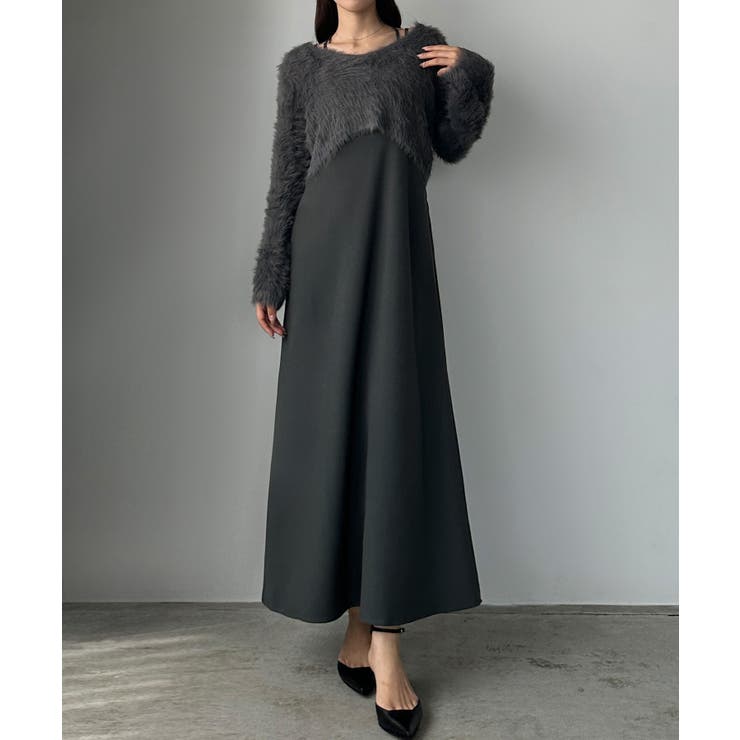 ルエレ（Louere）/Louere　ャギーショートニット＋セミフレアキャミワンピースSET Louere シャギーショートニット＋セミフレアキャミワンピースSET[品番