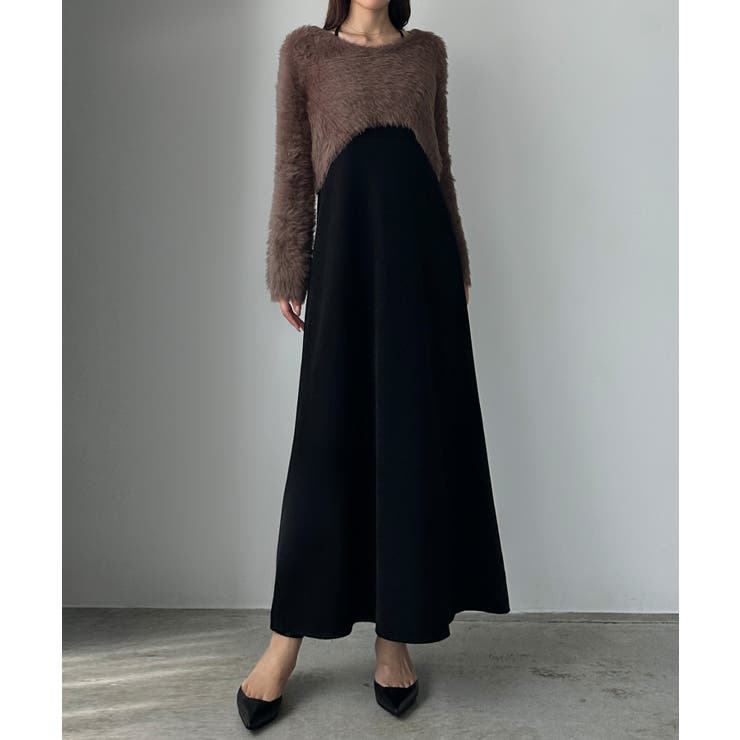 Louere シャギーショートニット＋セミフレアキャミワンピースSET[品番