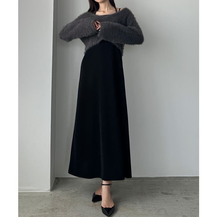 ブラック | Louere シャギーショートニット＋セミフレアキャミワンピースSET | Louere