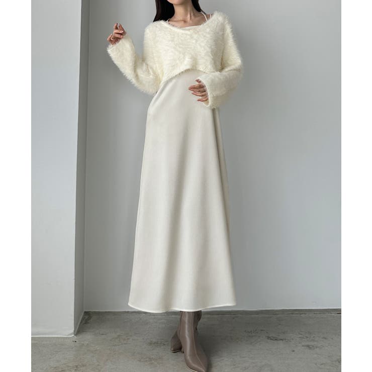 アイボリー | Louere シャギーショートニット＋セミフレアキャミワンピースSET | Louere