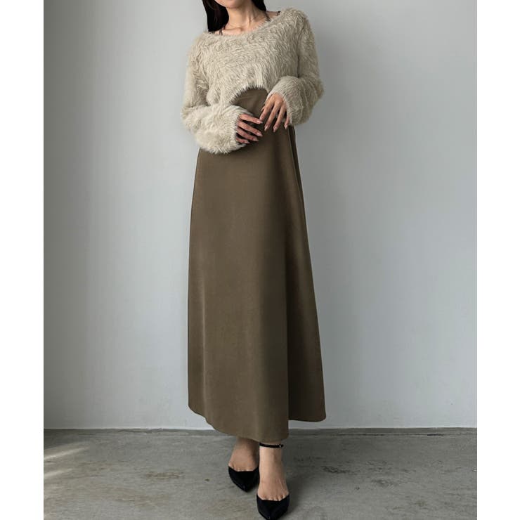 グレージュ | Louere シャギーショートニット＋セミフレアキャミワンピースSET | Louere