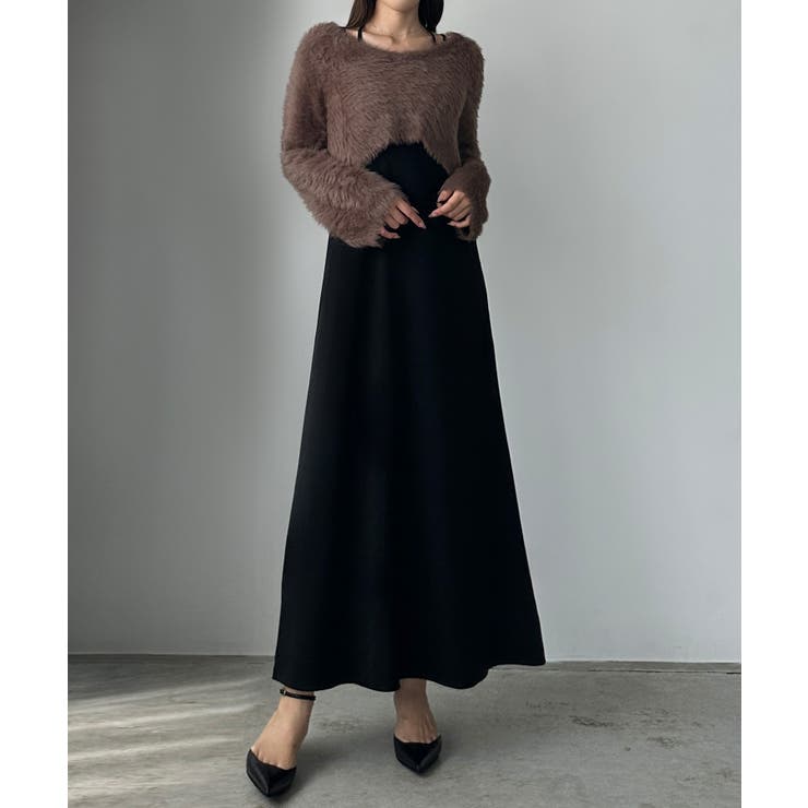 モカ | Louere シャギーショートニット＋セミフレアキャミワンピースSET | Louere