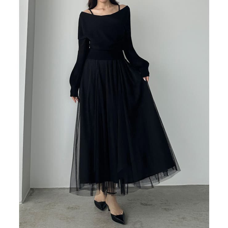 ブラック | Louere カシュクールニット＋ラッフルチュールキャミワンピースSET | Louere