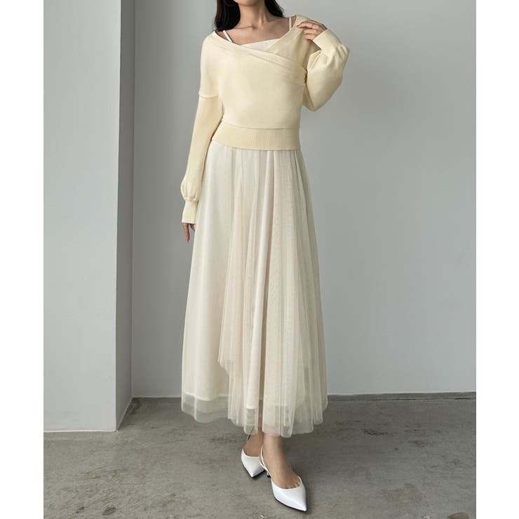 アイボリー | Louere カシュクールニット＋ラッフルチュールキャミワンピースSET | Louere