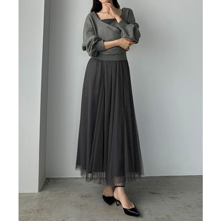 チャコール | Louere カシュクールニット＋ラッフルチュールキャミワンピースSET | Louere