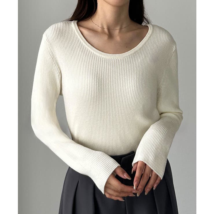 アイボリー | Louere 薄手前後2wayUネックリブニット | Louere