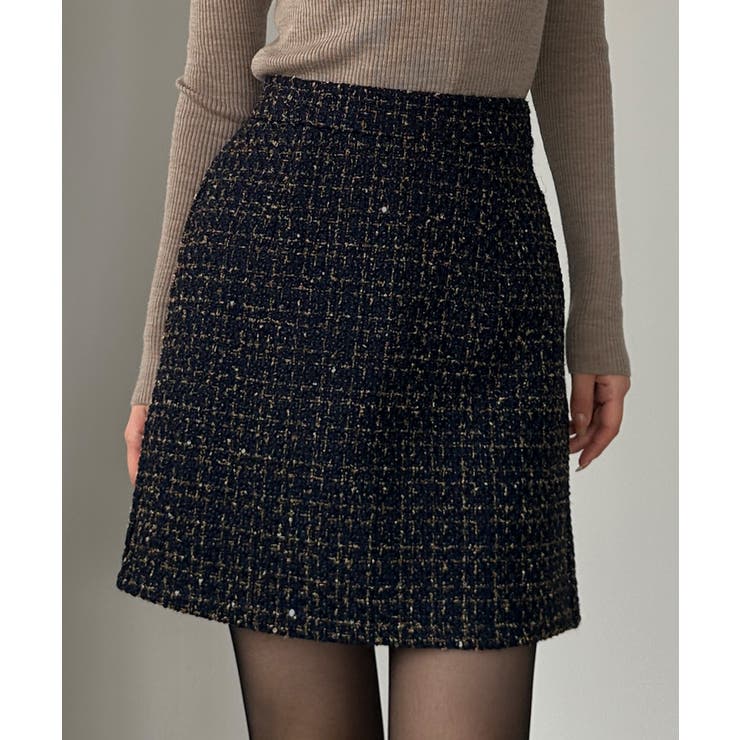 ネイビー | Louere ラメファンシーツイードミニスカート(インパン付き、ウール混) | Louere