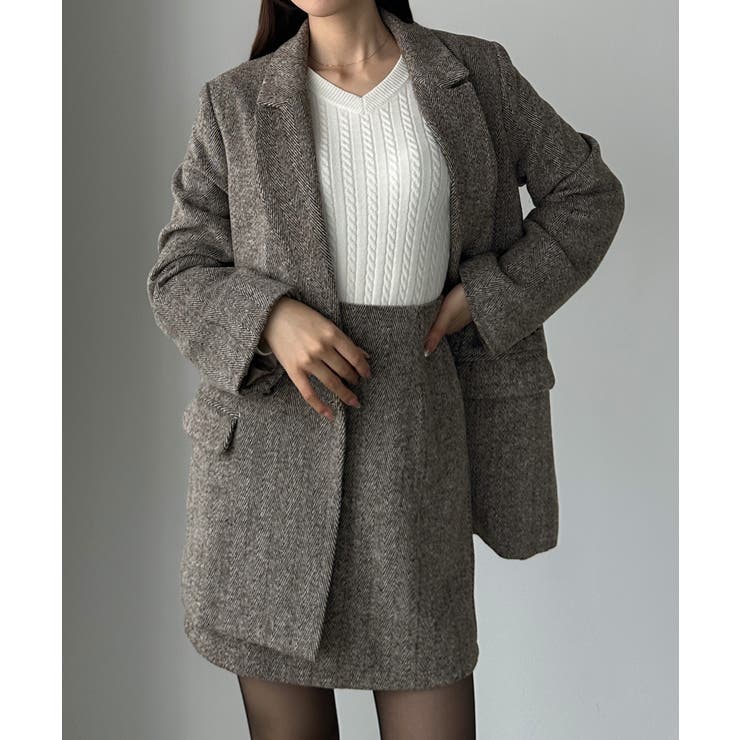 ライトブラウン | Louere ヘリンボーンテーラードジャケット＋ミニスカートSET | Louere