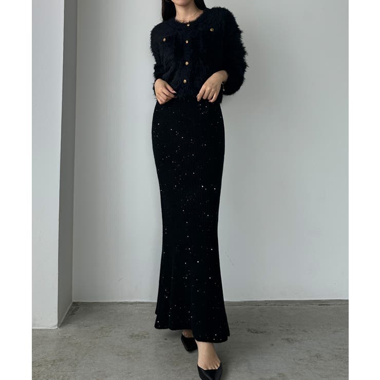 ブラック | Louere スパンコールマーメイドニットスカート | Louere