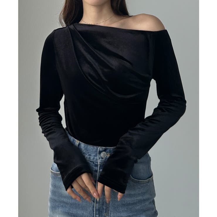 ブラック | Louere ワンショルドレープベロアトップス | Louere