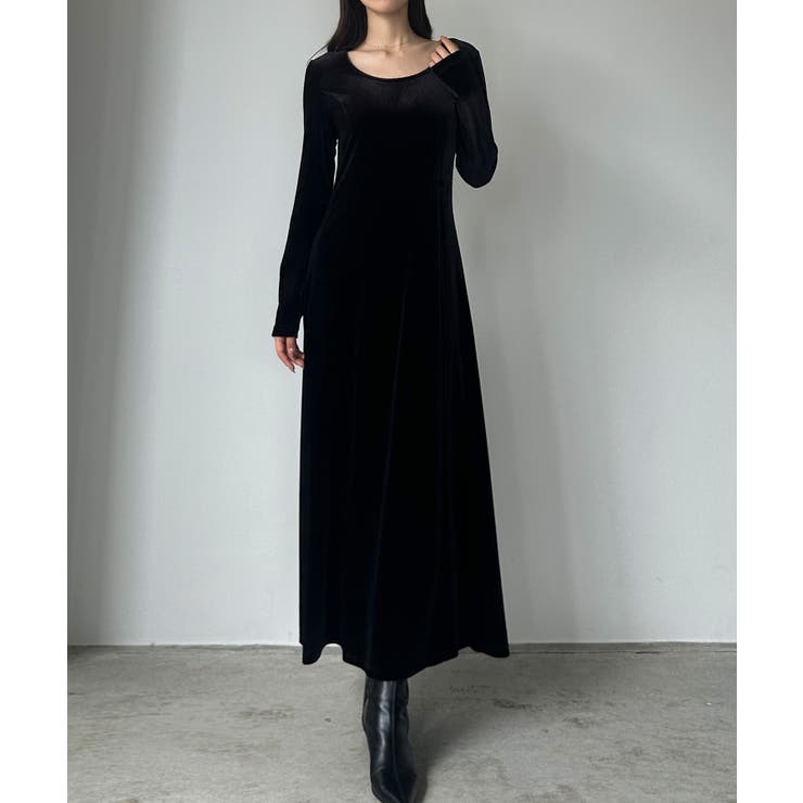 ブラック | Louere 前後2wayベロアセミフレアワンピース(薄手、裏地無し) | Louere