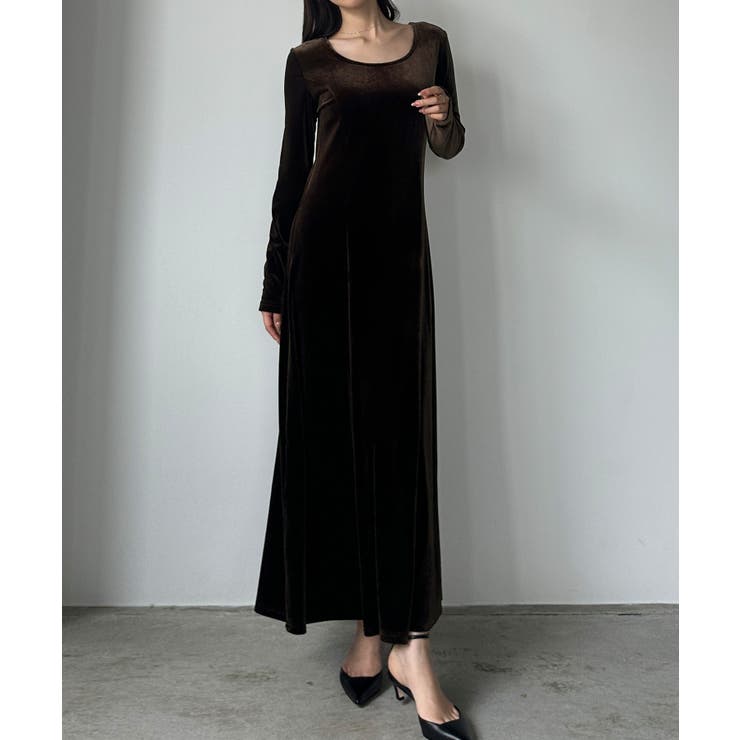 ブラウン | Louere 前後2wayベロアセミフレアワンピース(薄手、裏地無し) | Louere