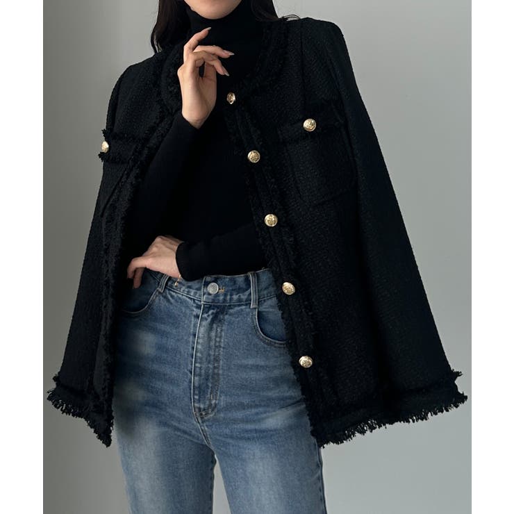 ブラック | Louere ウエストシェイプラメツイードジャケット | Louere