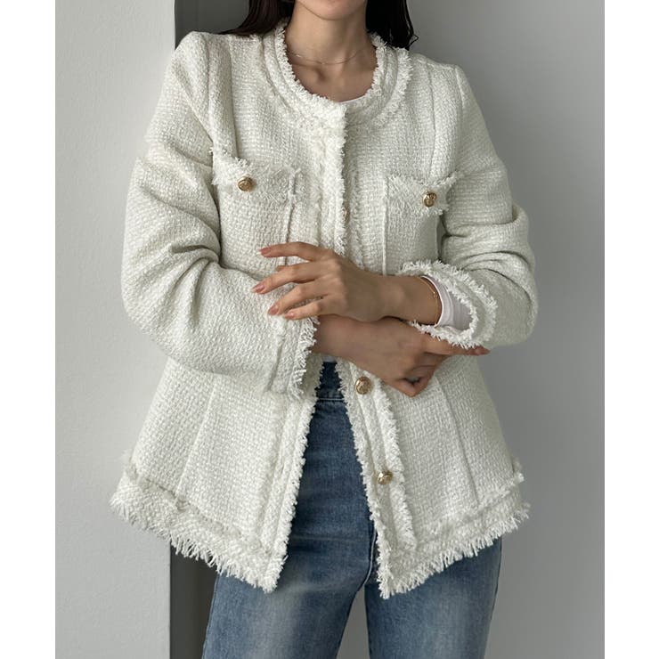 ホワイト | Louere ウエストシェイプラメツイードジャケット | Louere