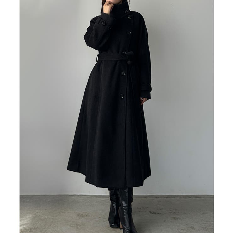 ブラック | Louere 2wayハイネックウールライクウエストシェイプフレアコート | Louere