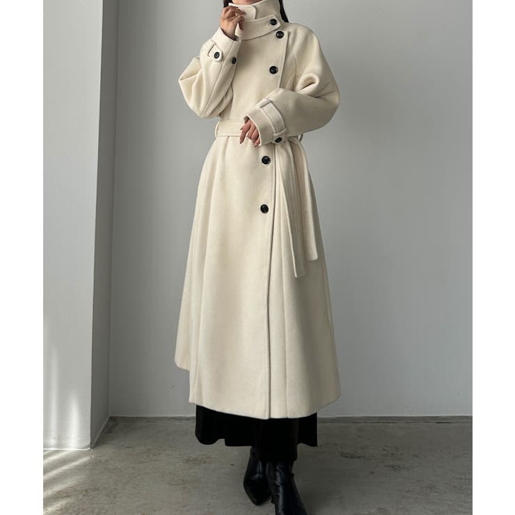 アイボリー | Louere 2wayハイネックウールライクウエストシェイプフレアコート | Louere