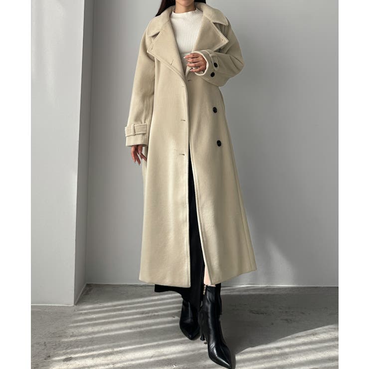 ライトベージュ | Louere 2wayハイネックウールライクウエストシェイプフレアコート | Louere