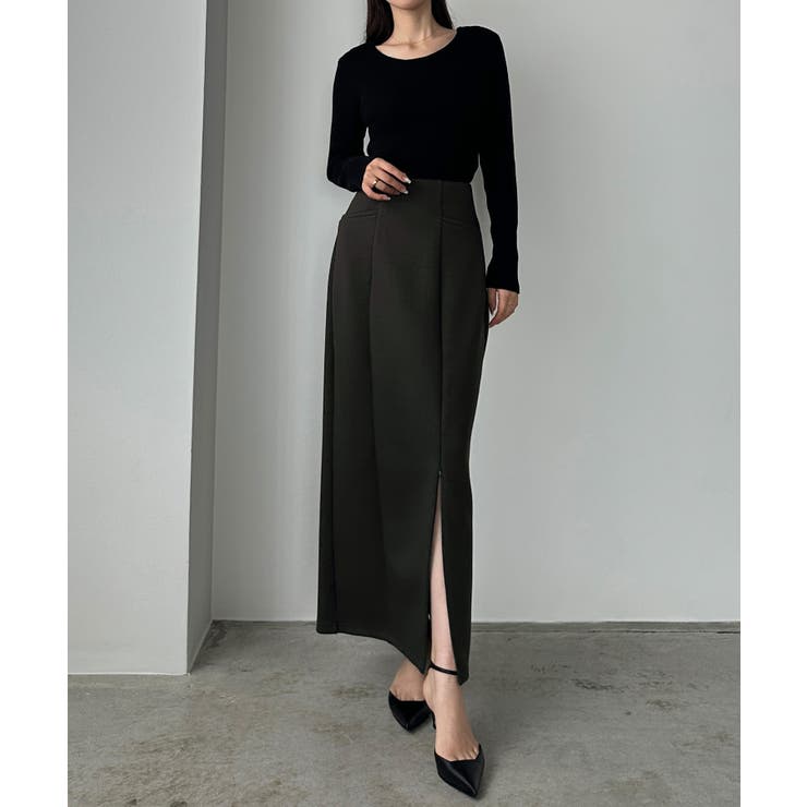 チャコール | Louere ポケットデザインファスナースリットIラインポンチスカート | Louere