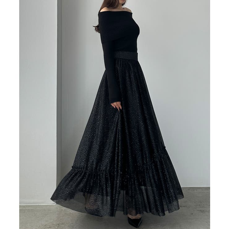 ブラック | Louere ラメフレアチュールスカート | Louere