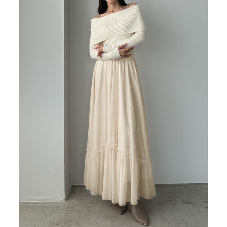 アイボリー | Louere ラメフレアチュールスカート | Louere