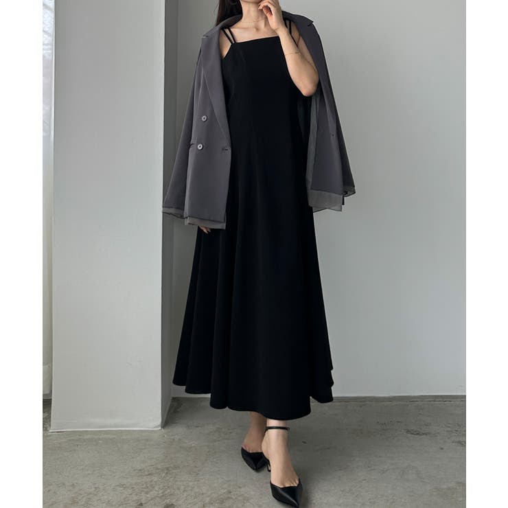 ブラック | Louere ダブルストラップフレアキャミワンピース | Louere