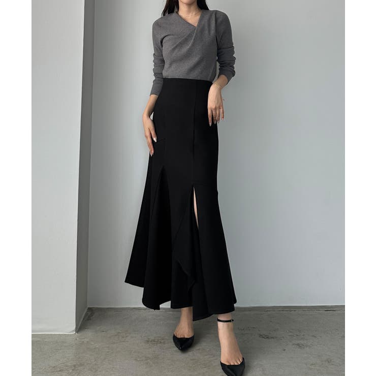 ブラック | Louere ウォームイレヘム深スリットハイウエストマーメイドスカート | Louere