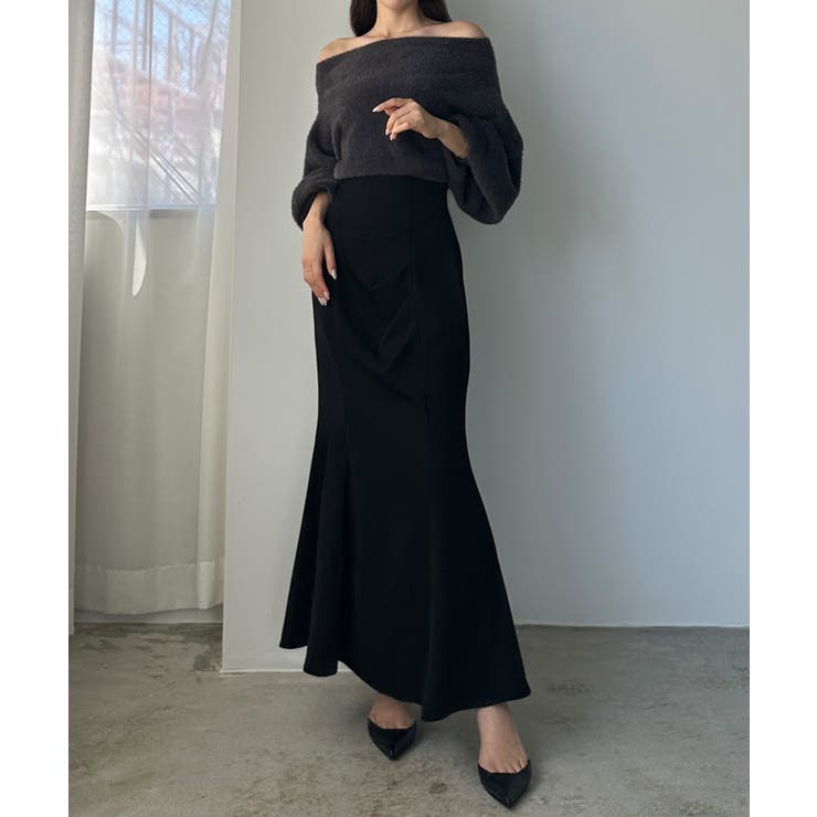 ブラック | Louere ハイウエストドレープマーメイドスカート(通年素材) | Louere