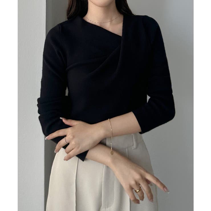 ブラック | Louere ドレープアシメネックニットトップス | Louere
