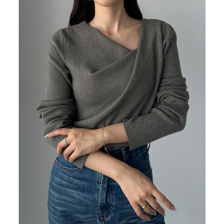 チャコール | Louere ドレープアシメネックニットトップス | Louere