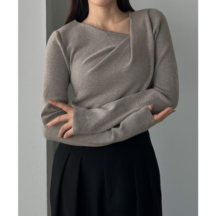 グレー | Louere ドレープアシメネックニットトップス | Louere
