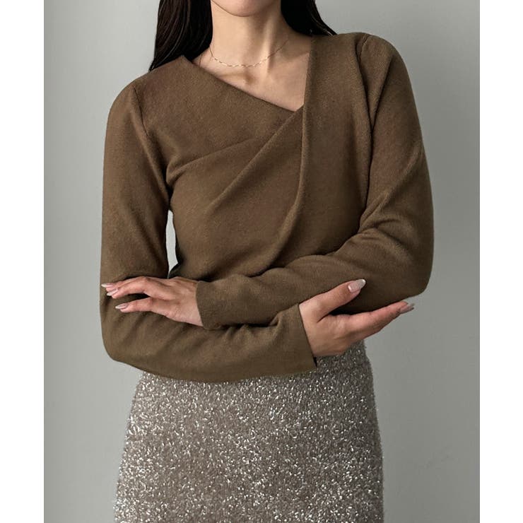 ブラウン | Louere ドレープアシメネックニットトップス | Louere