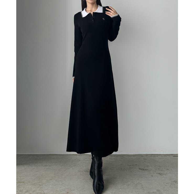 Louere ロゴ刺繍ニットポロフレアワンピース | Louere | 詳細画像1 