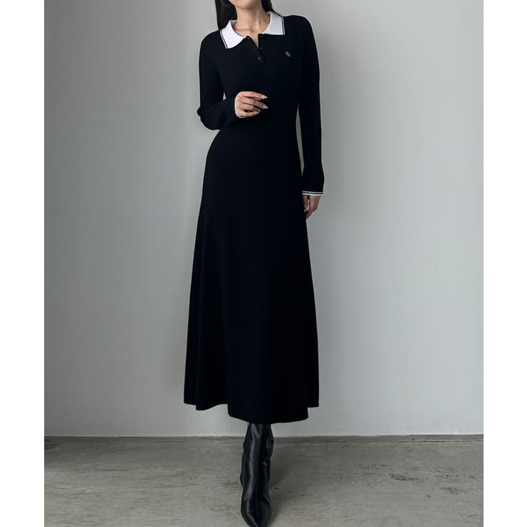 ブラック | Louere ロゴ刺繍ニットポロフレアワンピース | Louere