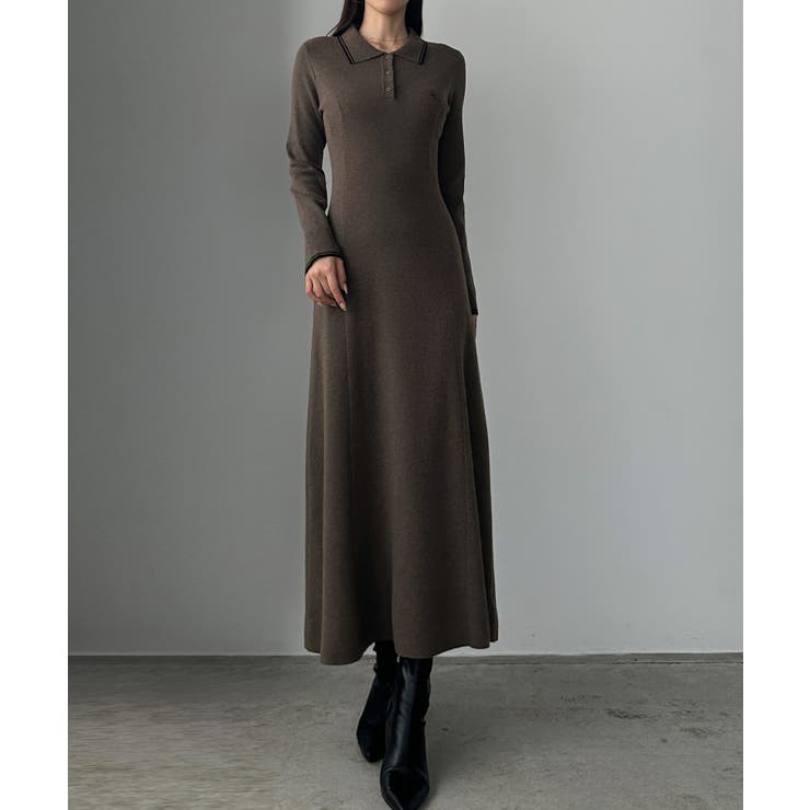 チャコール | Louere ロゴ刺繍ニットポロフレアワンピース | Louere