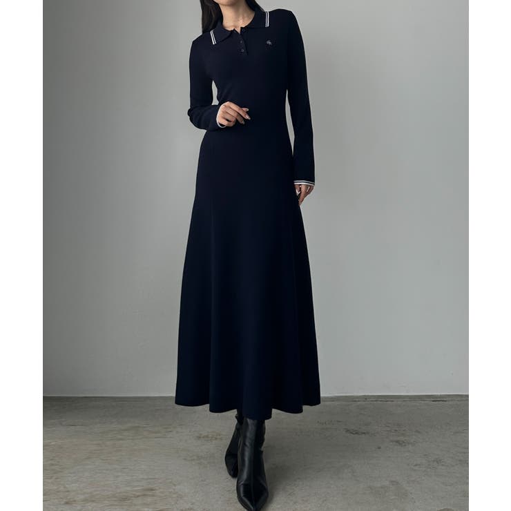 ネイビー | Louere ロゴ刺繍ニットポロフレアワンピース | Louere