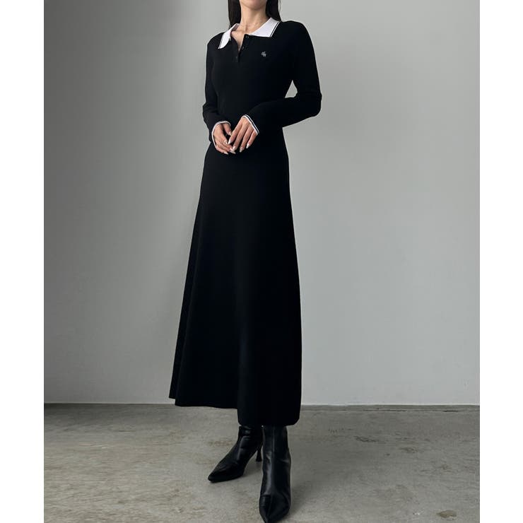 Louere ロゴ刺繍ニットポロフレアワンピース | Louere | 詳細画像3 