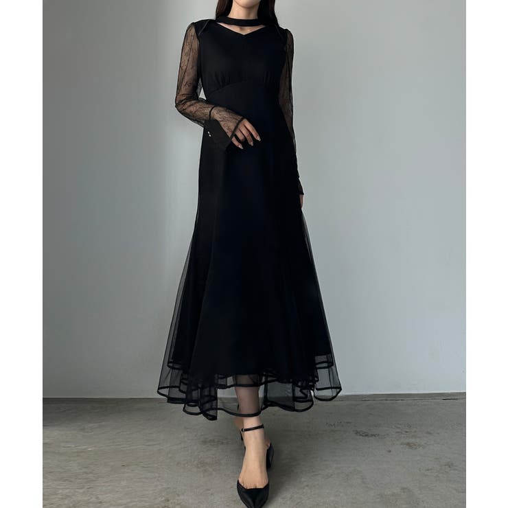 ブラック | Louere チョーカーデザインチュールマーメイドワンピース | Louere