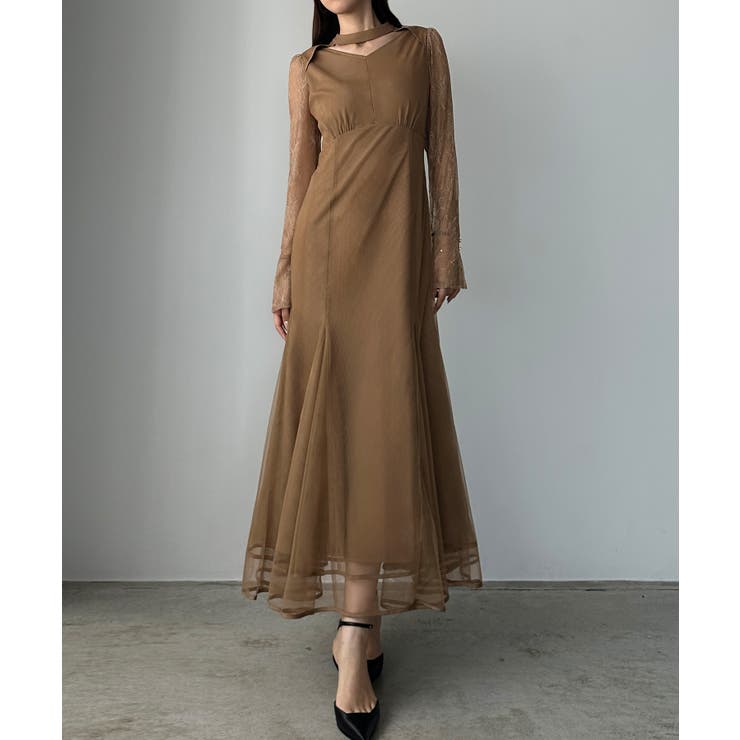 ダークベージュ | Louere チョーカーデザインチュールマーメイドワンピース | Louere