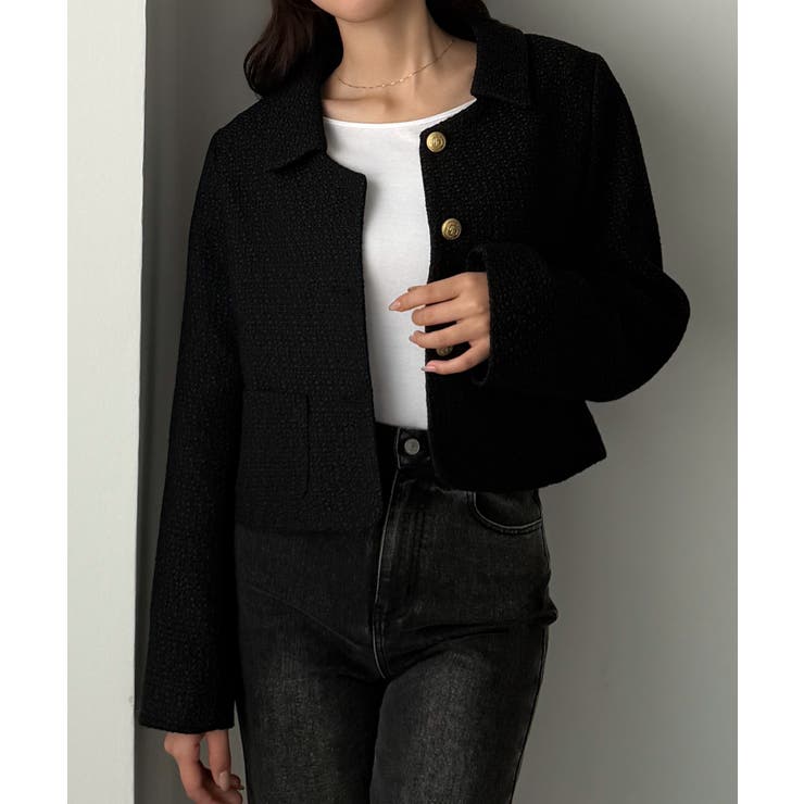 ブラック | Louere ステンカラーツイードジャケット | Louere