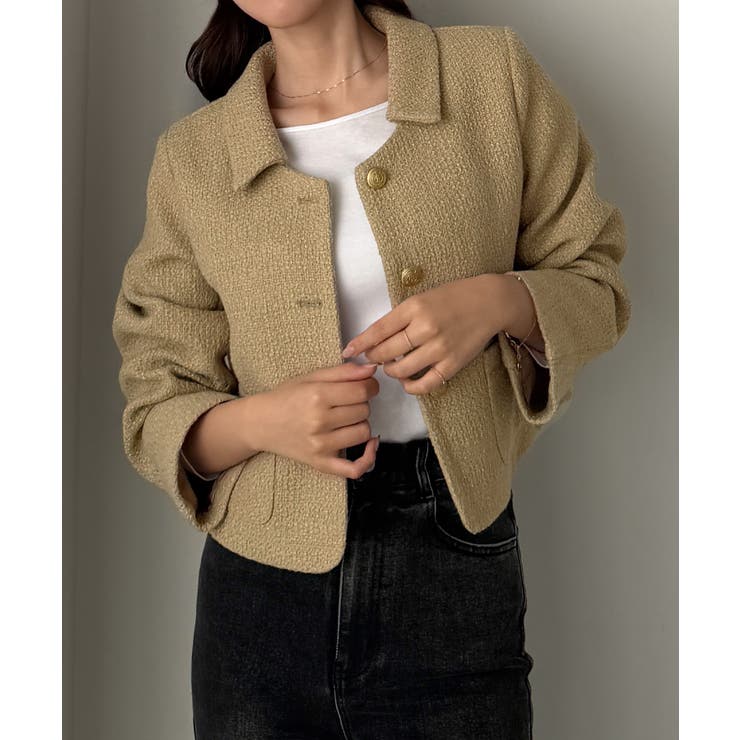 ベージュ | Louere ステンカラーツイードジャケット | Louere