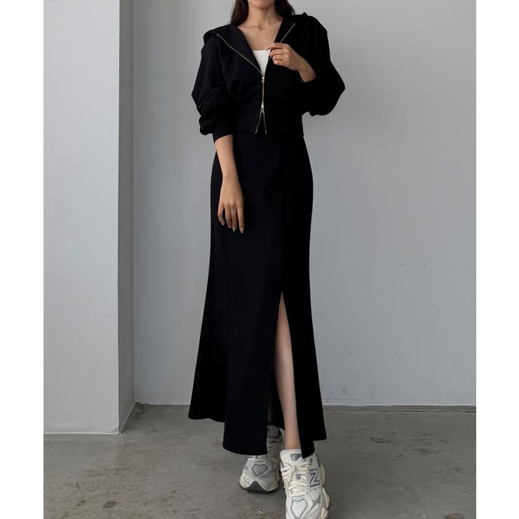ブラック | Louere ポンチショートパーカー+スリットマーメイドスカートSET | Louere